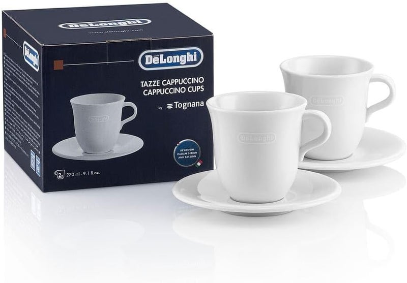 De'Longhi طقم أكواب كابتشينو من ديلونجي من البورسلين عدد 2، سعة 270 مل، أبيض، آمن للاستخدام في الميكروويف وغسالة الصحون، مصنوع يدويًا، مثالي للكابتشينو - DLSC309 - Image 1